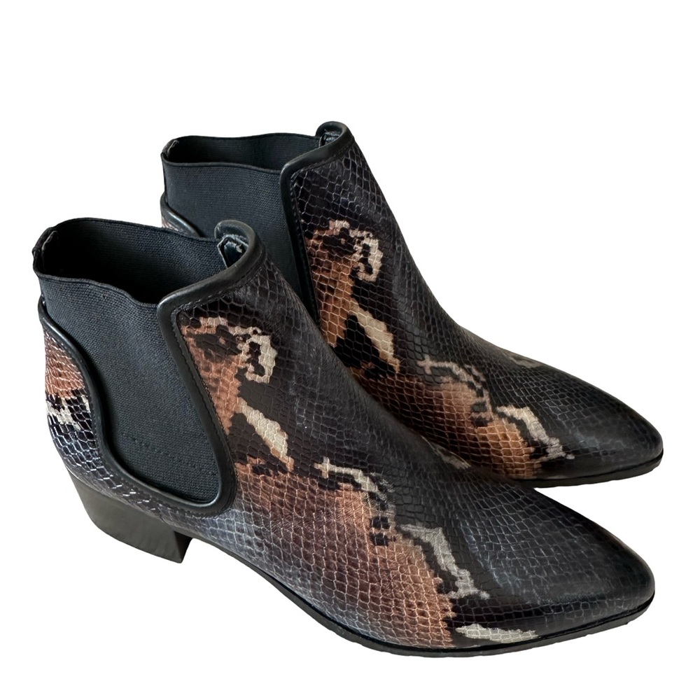 Donald J. Pliner DYLA Black/Brown Leather Painted Snakeskin Print Ankle Booties